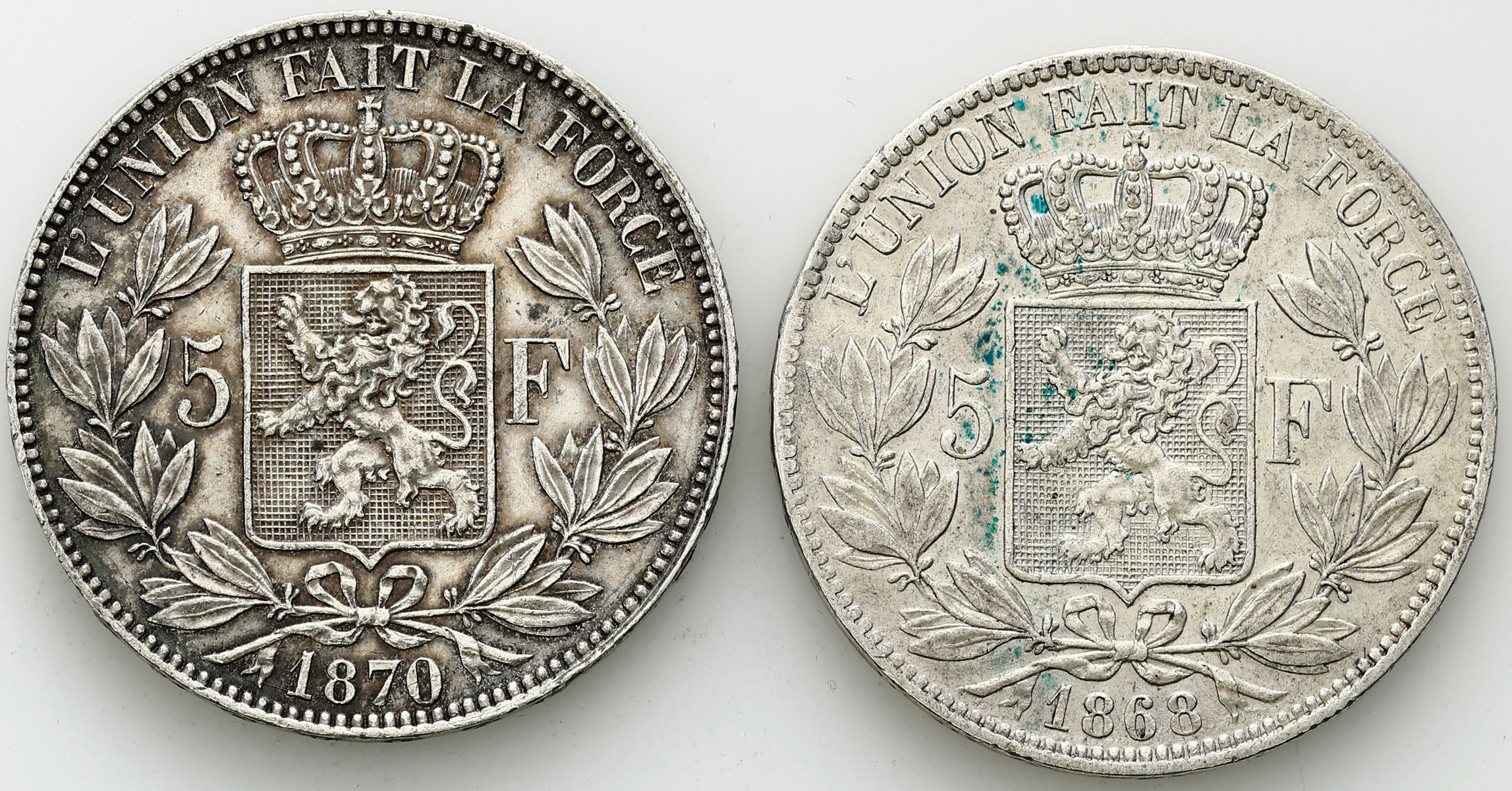 Belgia 5 franków 1868 i 1870 Leopold II – zestaw 2 sztuk